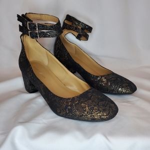 Marc Fisher Kary Embroidered Heels with Ankle Strap And Block Heel 8.5